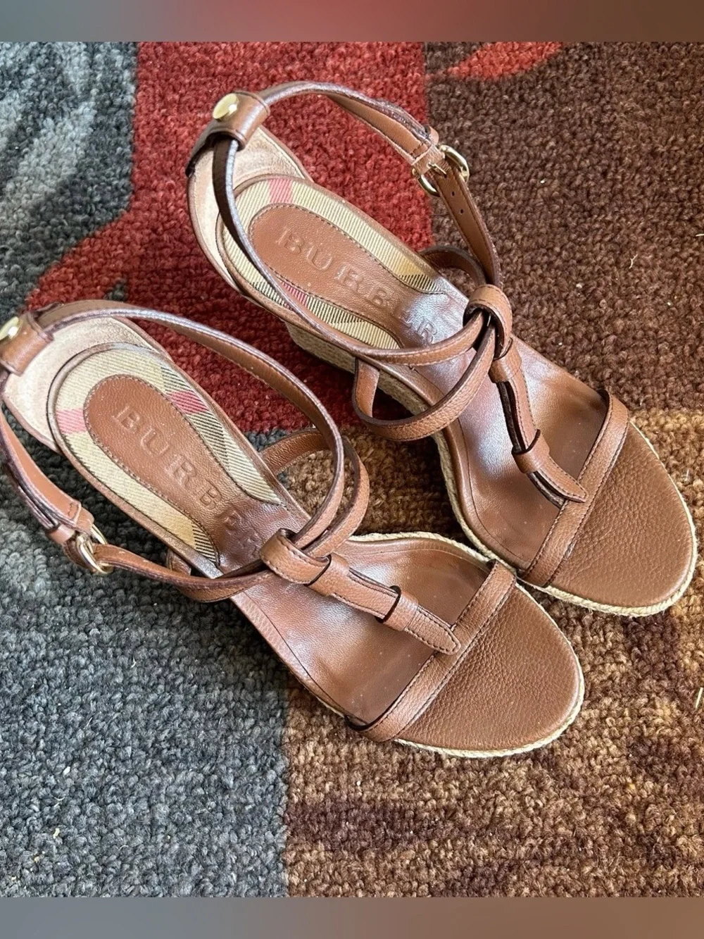 Burberry Brown Leather And Rope Espadrille Wedge Sandals House Check